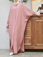 Buttoned Muslim Solid Color Split-Side Batwing Sleeves Loose Round-Neck Muslim Abaya Maxi Dresses